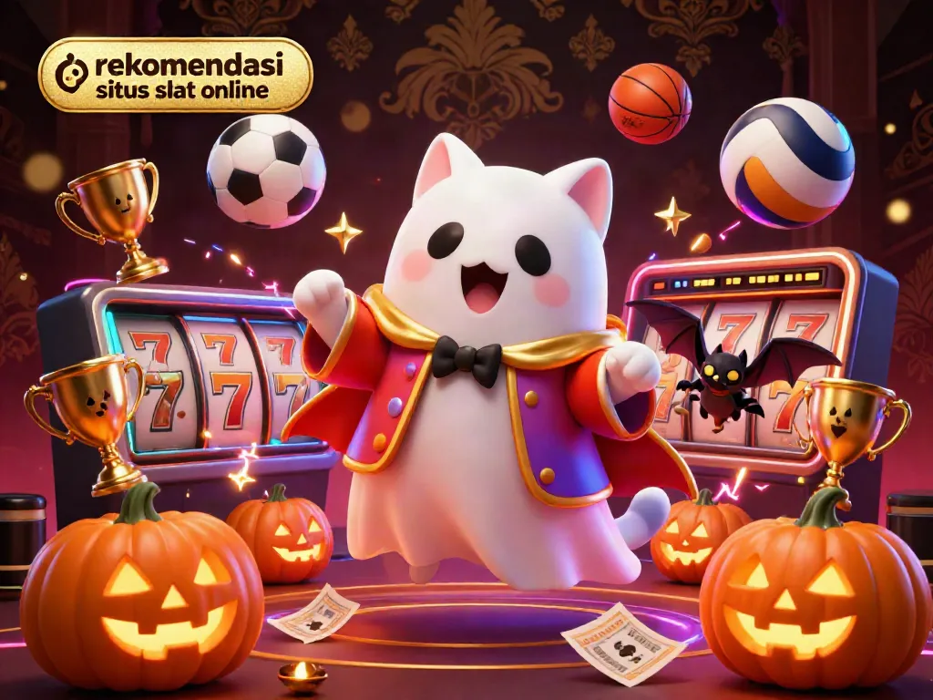 Rekomendasi situs slot online dengan kucing hantu mengapung di kasino digital yang penuh dengan simbol slot dan lampu neon.