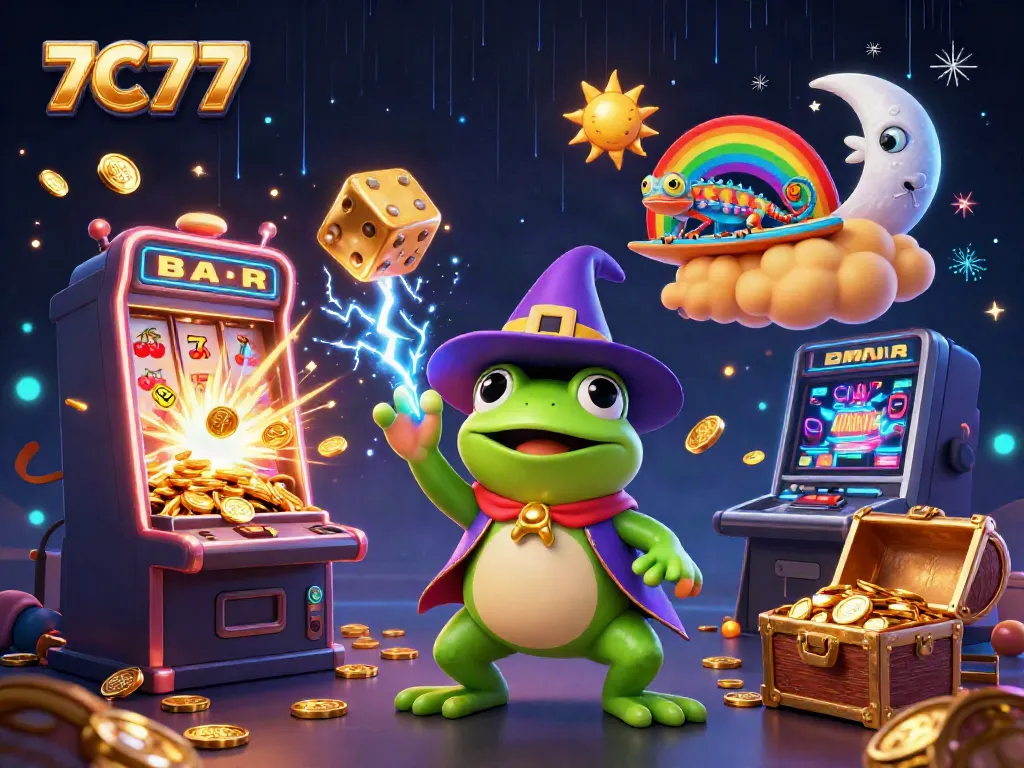 7C77 animated scene showcasing a magical frog and chameleon amidst a dynamic casino environment