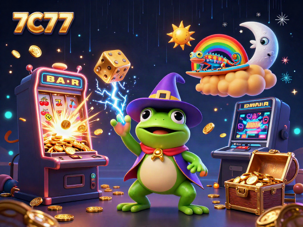 7C77 animated scene showcasing a magical frog and chameleon amidst a dynamic casino environment