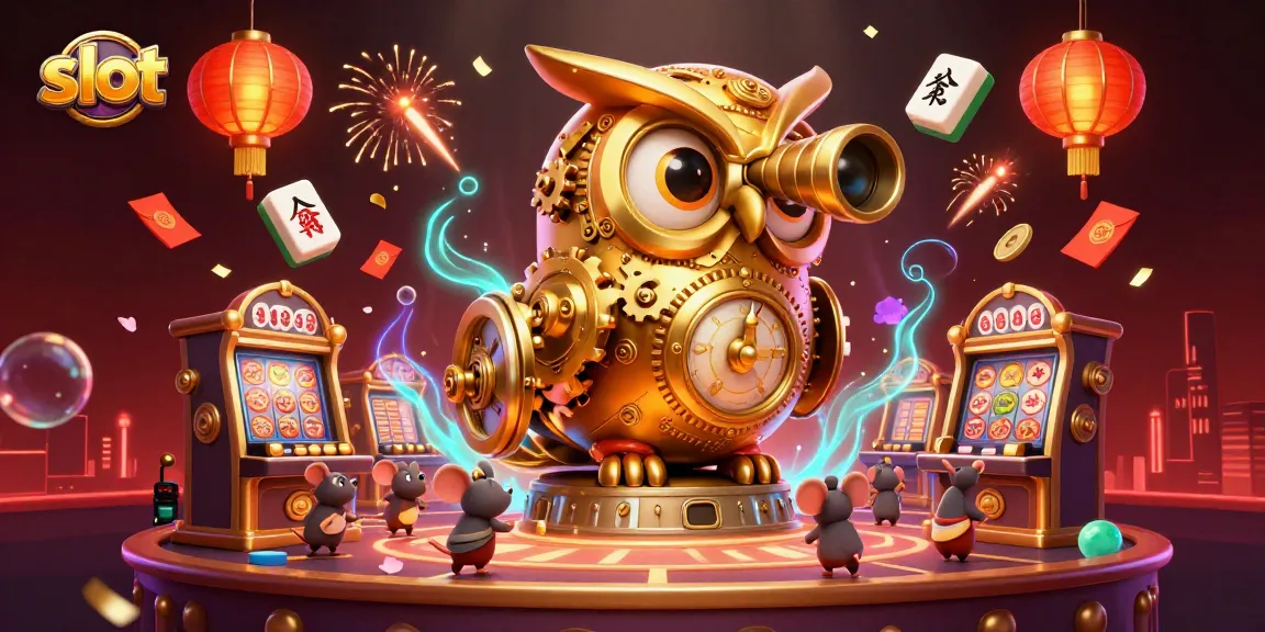 Experience thrilling slot action with dynamic golden owl characters amidst a vibrant casino scene.