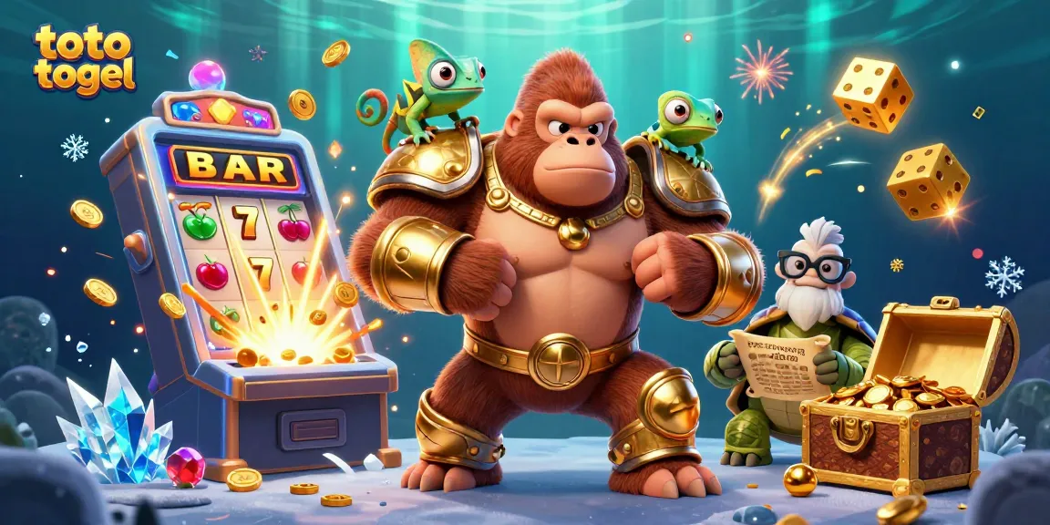 Experience thrilling toto togel action with a powerful gorilla and colorful characters amid vibrant casino elements.