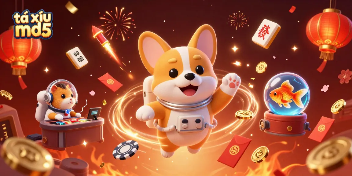 Engage with the thrilling world of tài xỉu md5 through a lively casino scene featuring a floating corgi, coins, and festive elements.