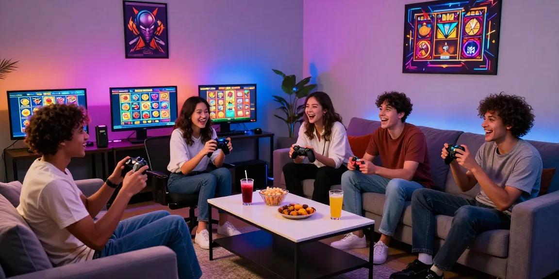 Exciting gaming scene showcasing friends playing สมัครเว็บสล็อต with vibrant slots on screens and colorful LED lights.