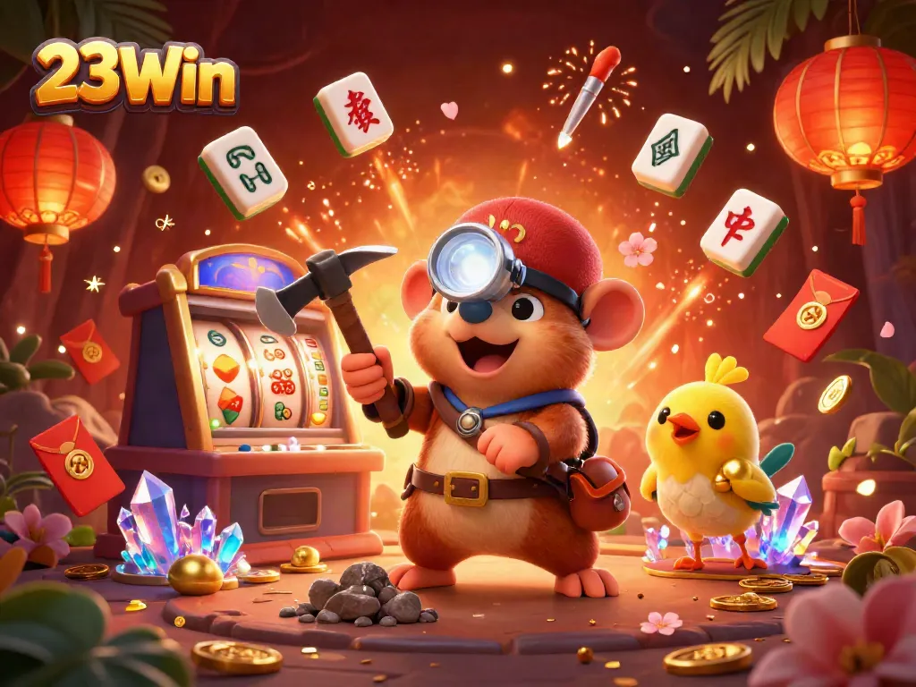 Experience high-stakes fun with 23Win in a vibrant casino scene featuring a treasure hunter mole.