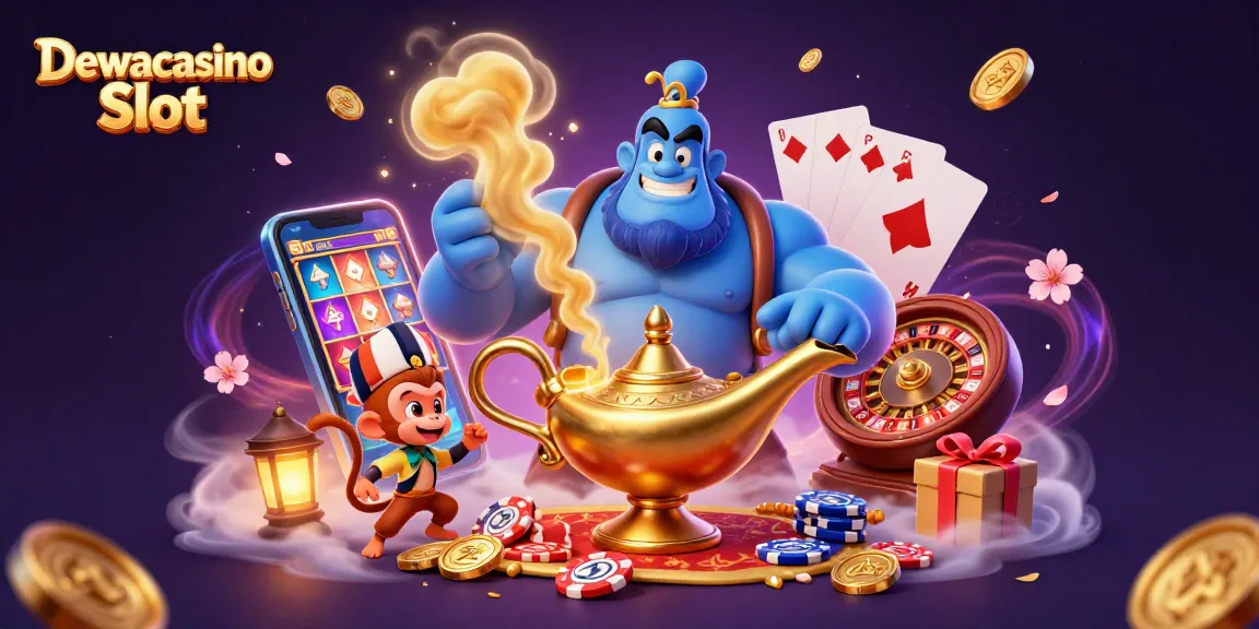 Engage with Dewacasino Slot through a vibrant illustration of a genie and gaming elements, showcasing excitement.
