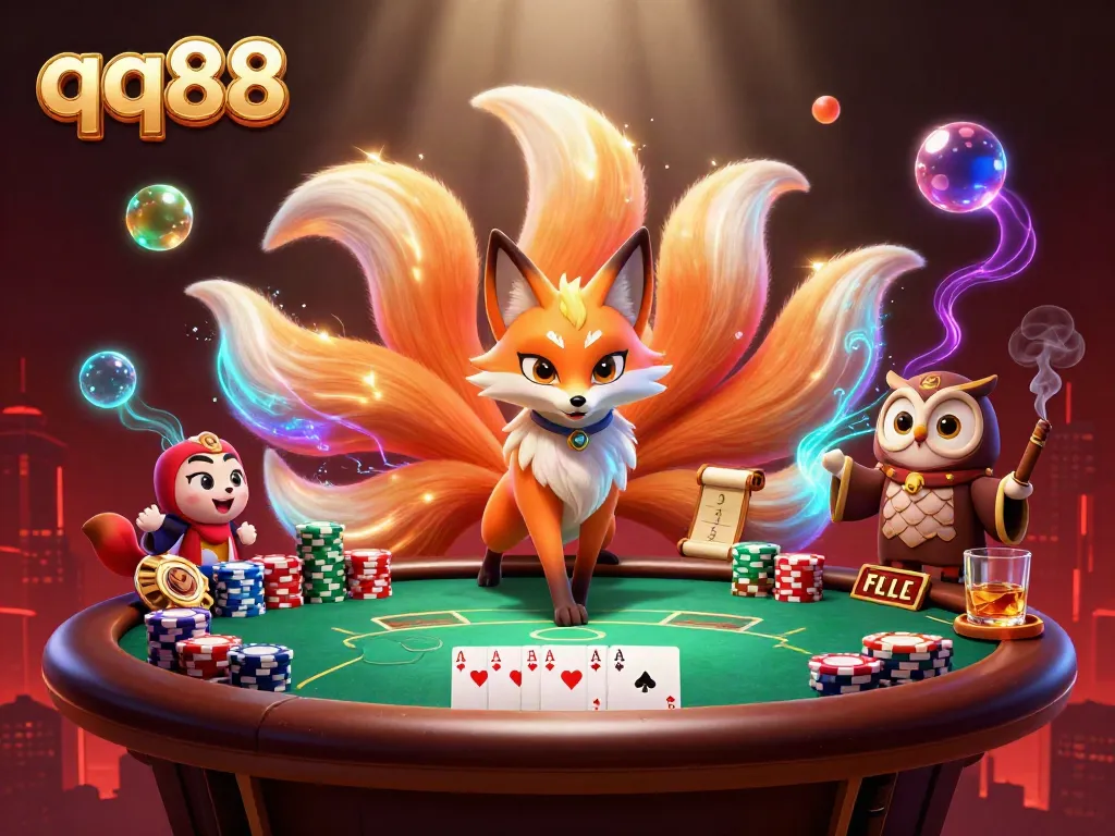 Experience thrilling moments at qq88 with this vibrant depiction of poker action, featuring a charming fox and wise owl.