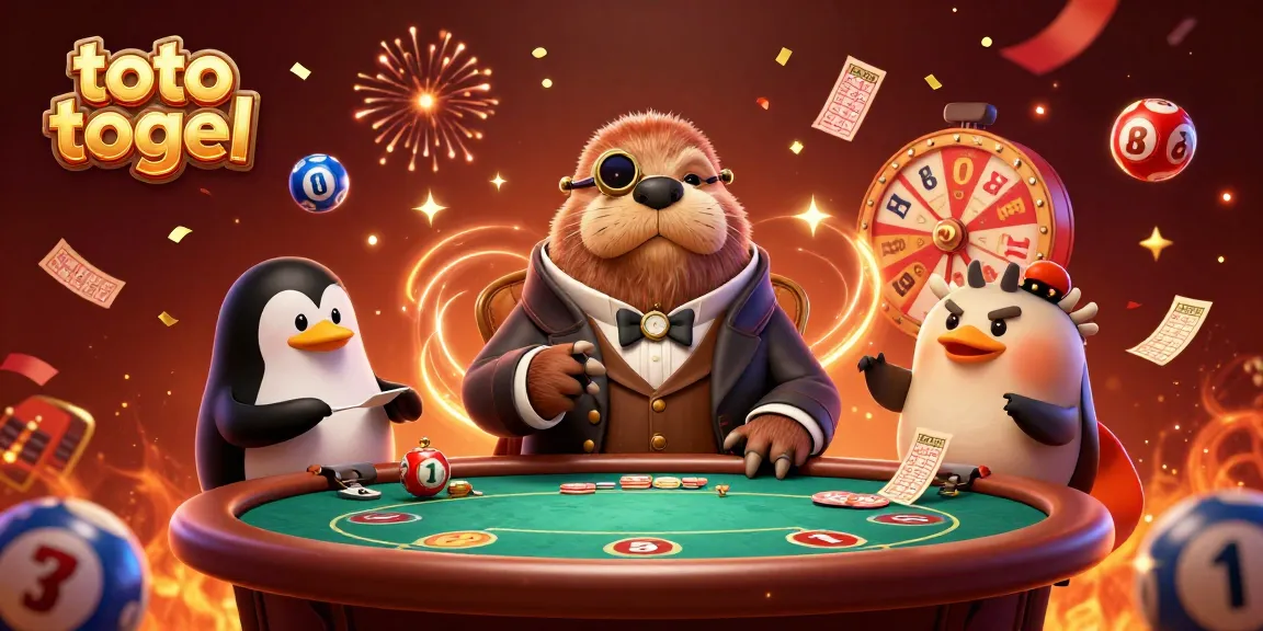 Experience the excitement of toto togel with an energetic scene featuring a walrus and friends at a vibrant poker table.