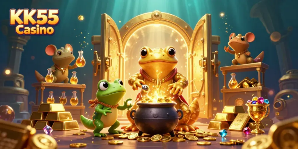 Engage with the magical world of KK55 Casino as a golden salamander transforms base metals into gold coins.