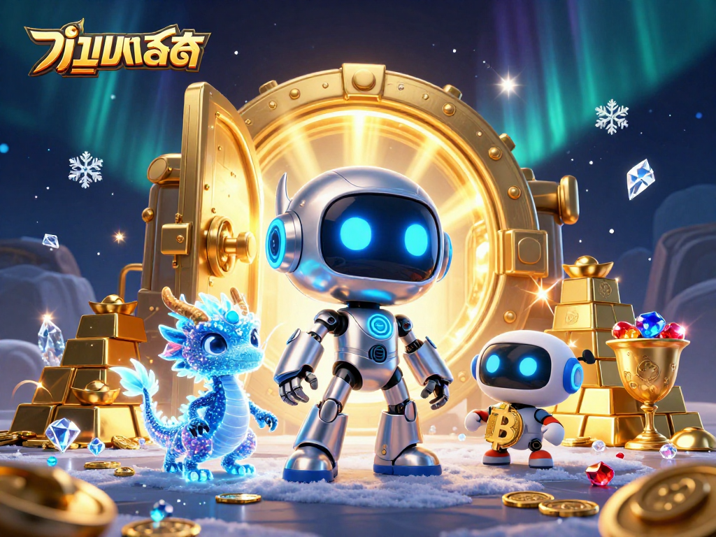 Experience แทงบอลสด with excitement as the cyberpunk robot and AI companions gather around golden treasures and vibrant gaming elements.