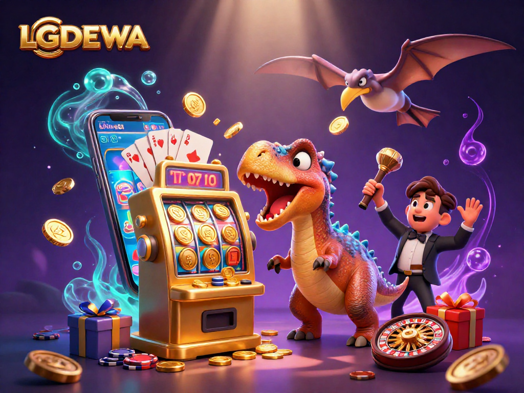 Experience LGODEWA's thrilling jackpot as a cartoon pachycephalosaurus interacts with a golden slot machine.