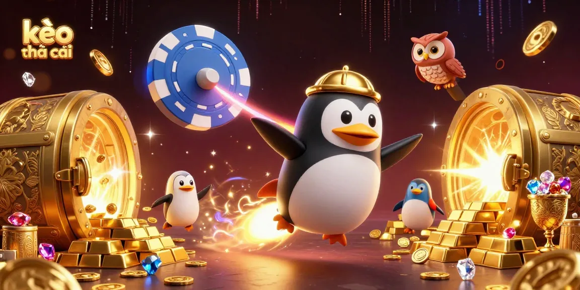 Engaging scene showcasing kèo nhà cái with a cartoon penguin and casino elements for thrilling betting experiences.
