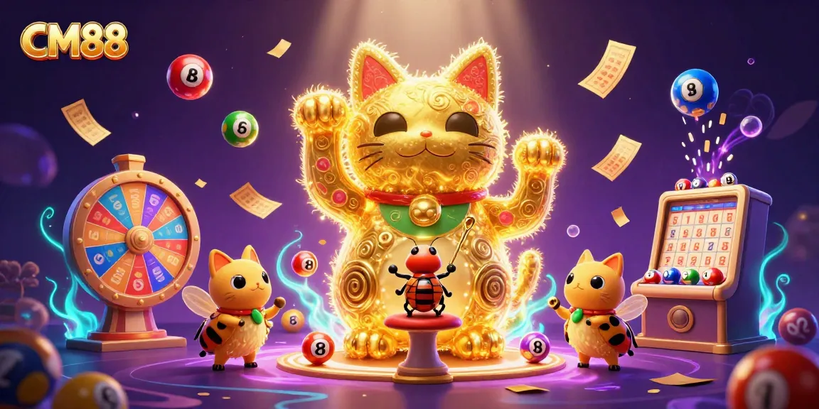 CM88 showcases a vibrant illustration of a lucky cat and colorful elements, captivating casino excitement.