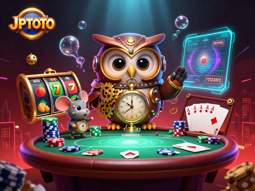 Experience thrilling gameplay at JPTOTO with an exciting steampunk-inspired casino scene filled with colorful poker chips and slot elements.