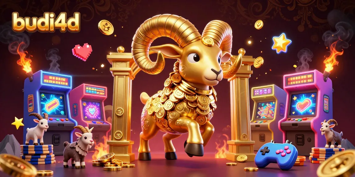 Engage with budi4d as a golden ram charges through a vibrant casino game scene, celebrating gaming excitement.