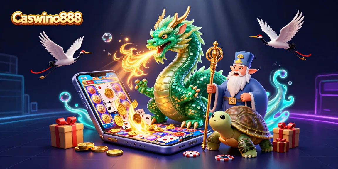 Engage with Caswino888 at a vibrant online casino featuring a jade dragon and dynamic slot games.