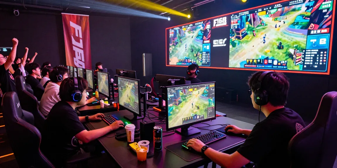 F168 gaming tournament captures intense gamers in a vibrant esports arena.