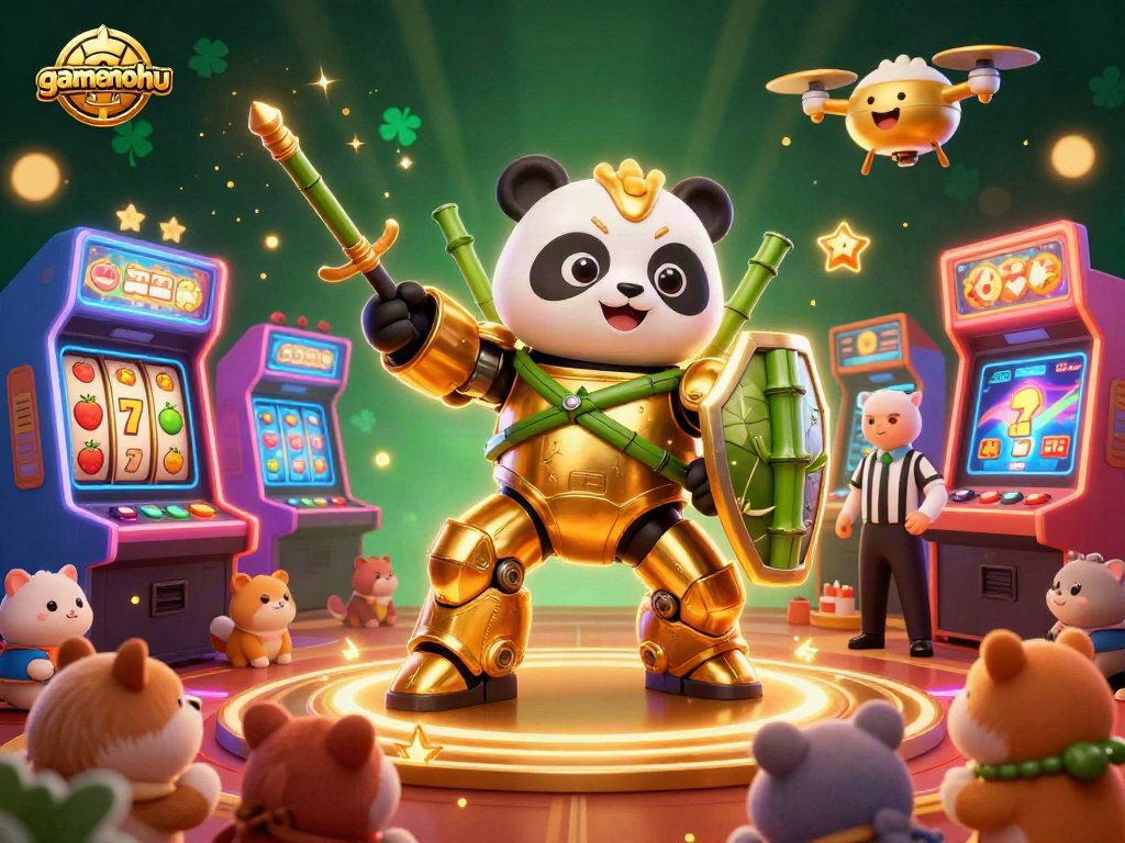 Experience gamenohu with an exciting casino scene featuring a golden panda robot, thrilling arcade machines, and vibrant jackpot elements.