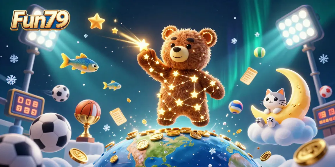 Join Fun79's dynamic casino adventure with a cosmic bear scooping coins amid vibrant gaming elements.