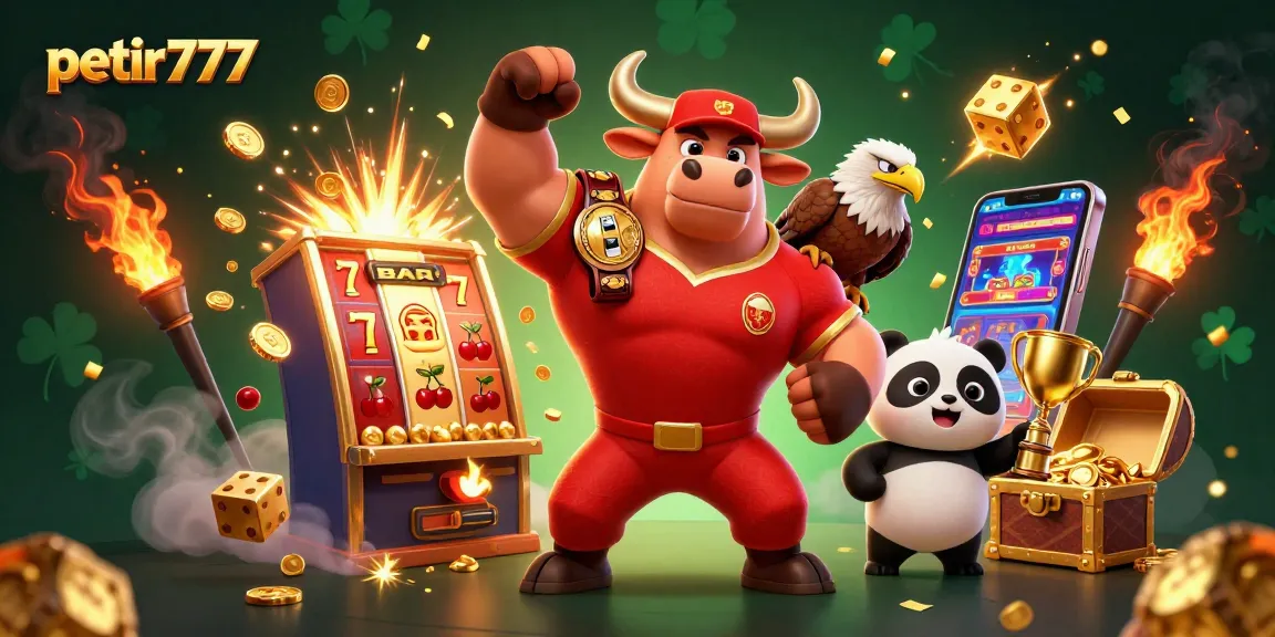 Experience the thrill of petir777 with a vibrant casino scene featuring a bull mascot, eagle, and panda.