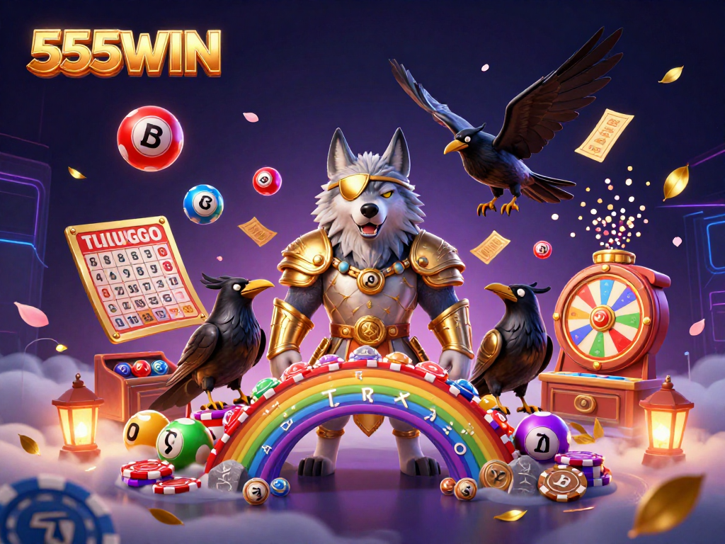 Engage in winning strategies with 555WIN's vibrant 3D casino scene featuring lottery and game elements.