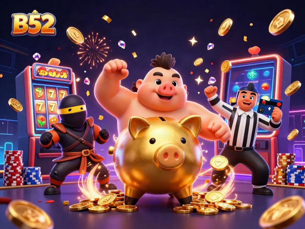 B52 symbolizing excitement in a casino with dynamic characters and vibrant elements showcasing slots.