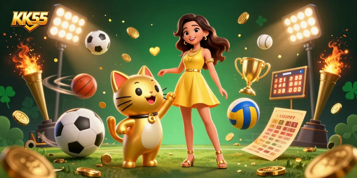 KK55 promotes fun gambling experiences with a cheerful woman and lucky cat mascot amidst golden coins.