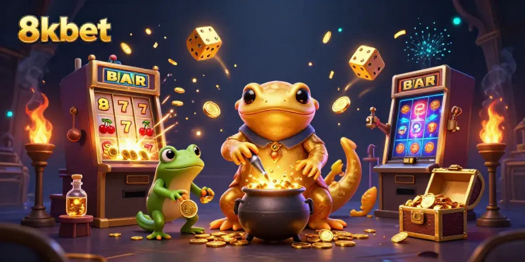 Experience the magic of 8kbet with this vibrant 3D illustration featuring alchemical transformations and gaming elements.