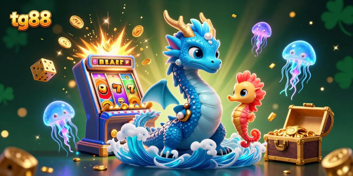 Try your luck at tg88 with vibrant visuals of a jackpot-winning slot machine and mythical sea creatures.
