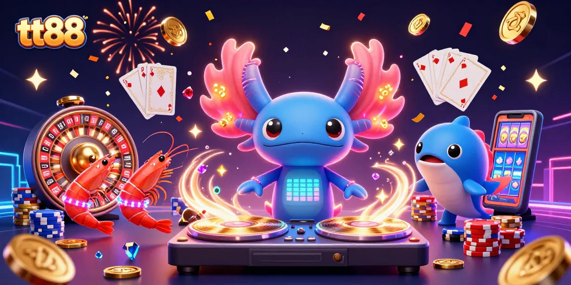 Spin to win at tt88 with a vibrant display of casino excitement from neon characters and casino elements.