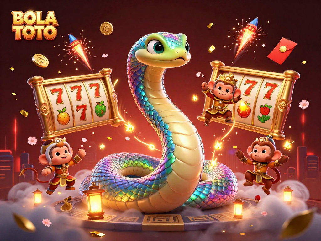 BOLA TOTO players engage with vibrant slot reels and a mystical serpent in a colorful casino scene.