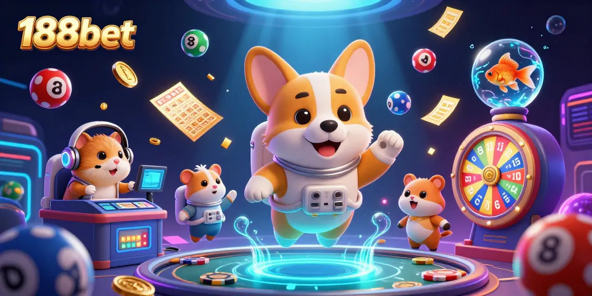 Engage with the playful 188bet-themed scene featuring a corgi astronaut amid dynamic lottery elements in a vibrant casino