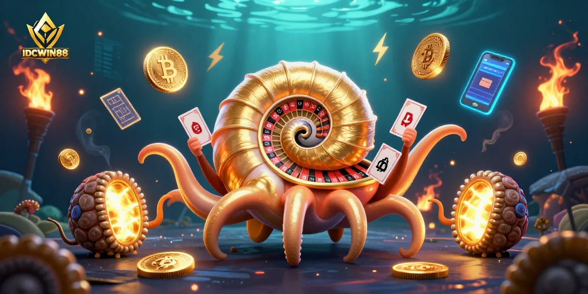 Experience thrilling gameplay with IDCWIN88, featuring captivating golden spiral roulette and glowing crypto elements.