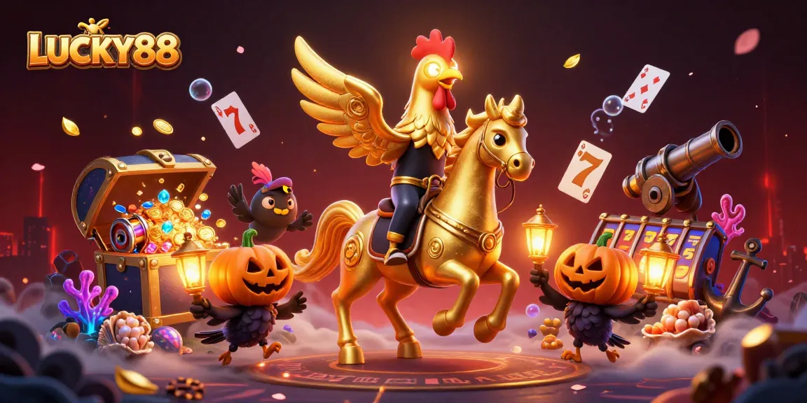 Experience the thrill of LUCKY88 with an exciting night at the casino featuring glowing symbols and vibrant characters.