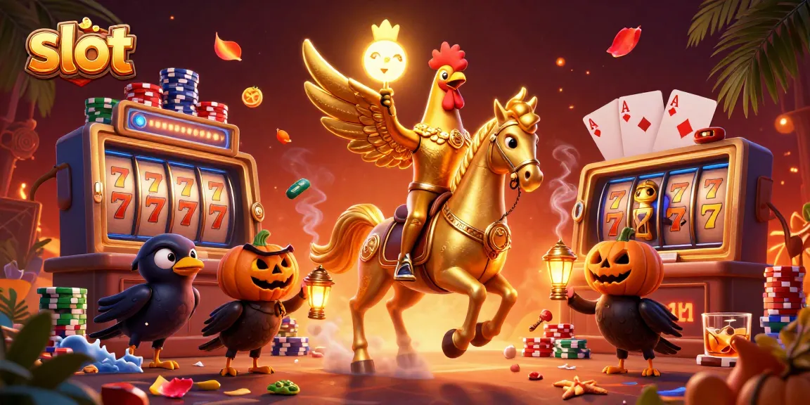Slot yang menarik dengan ayam jantan emas dan teman burung hantu membawa lentera di kasino malam.