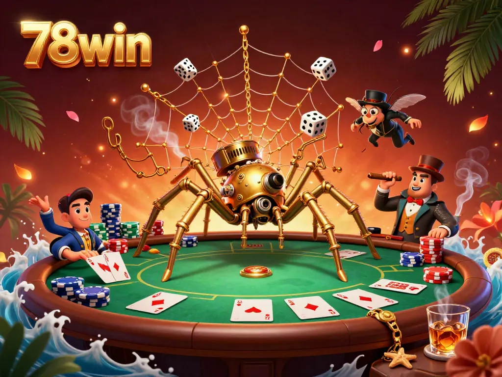 Explore the thrilling world of 78win with a steampunk spider capturing dice in a captivating casino scene.