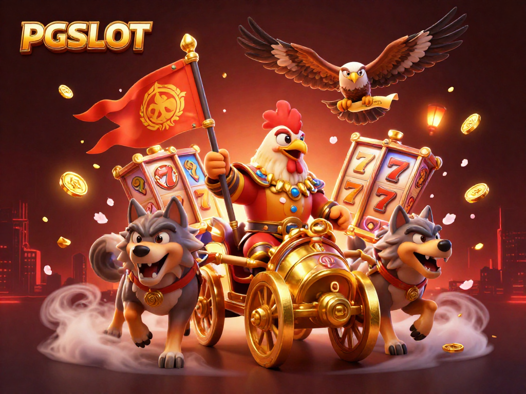 Engage in thrilling gameplay with PGSLOT amidst dynamic casino elements including slot reels and golden coins.