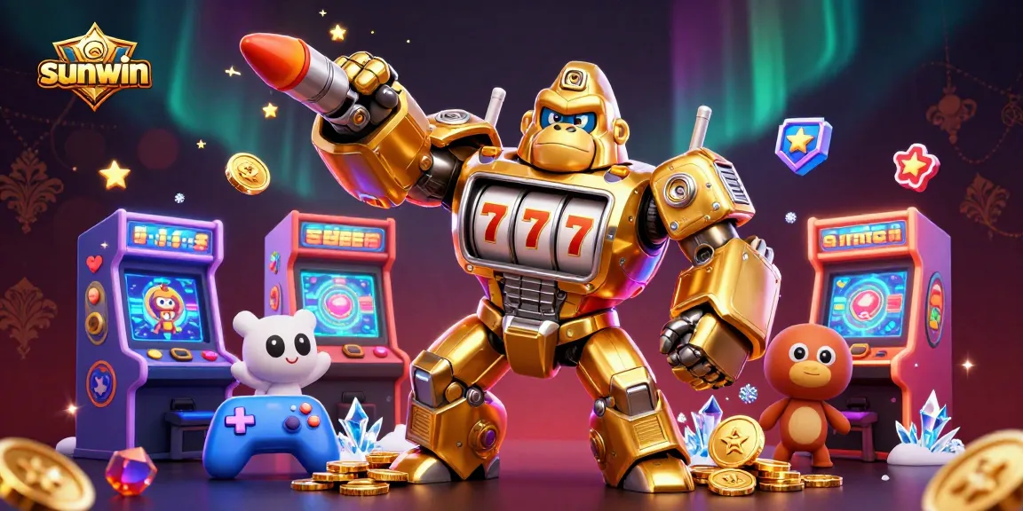 Experience the thrill of sunwin with a golden gorilla mech and vibrant game elements bursting with coins.