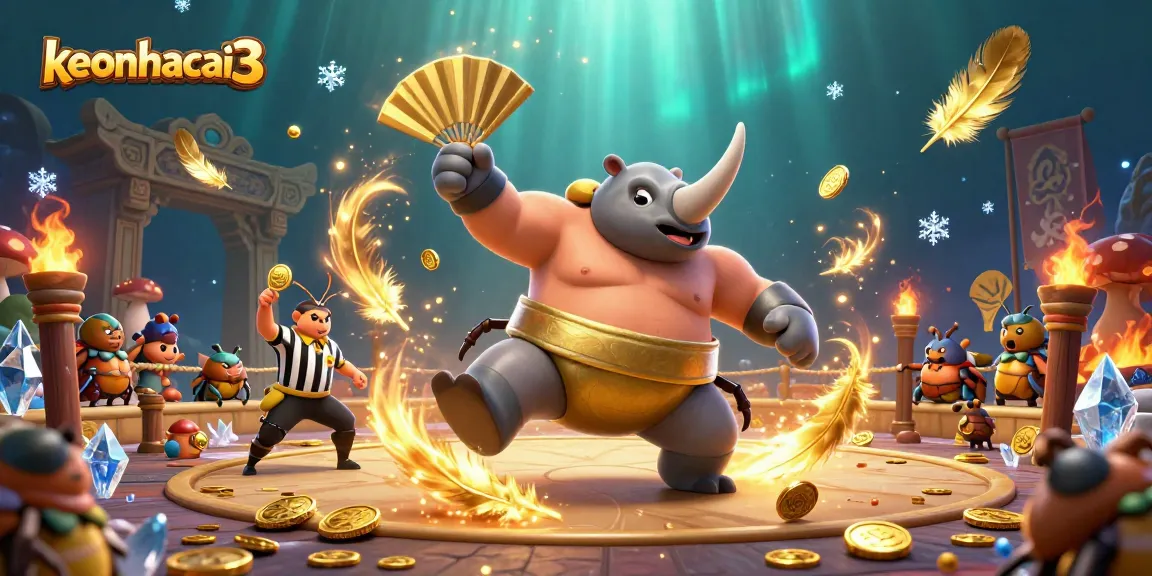Experience thrilling moments with keonhacai3 as the rhinoceros beetle champion stomps gold coins amid intense gambling action.