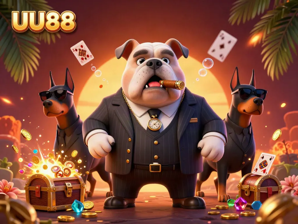 Experience thrilling gameplay at UU88 with an illustration of a mafia boss bulldog and his Doberman bodyguards.
