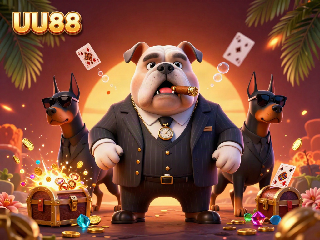 Experience thrilling gameplay at UU88 with an illustration of a mafia boss bulldog and his Doberman bodyguards.