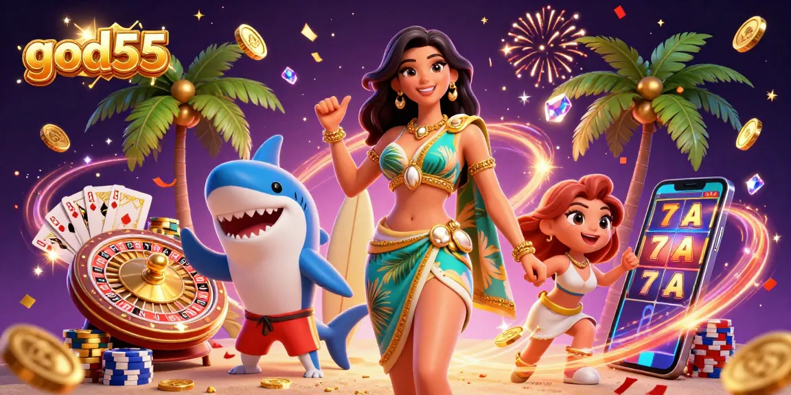 Experience exciting gameplay at god55 with a glamorous beach goddess, a shark giving a shaka sign, and dynamic casino elements.