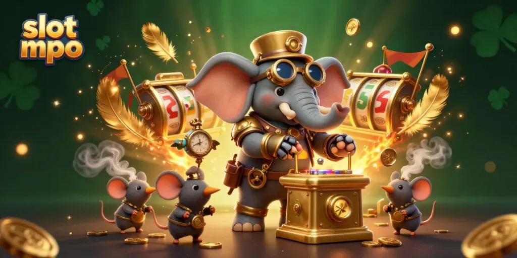 Engaging 3D illustration showcasing slot mpo themed characters and dynamic slot elements in a lively casino environment.