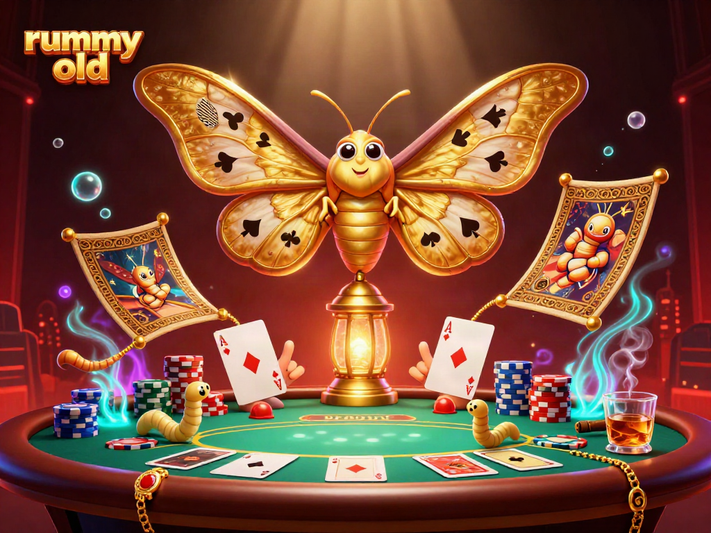 Permainan rummy old dengan ilustrasi kupu-kupu atlas 3D dan elemen kasino yang menarik.
