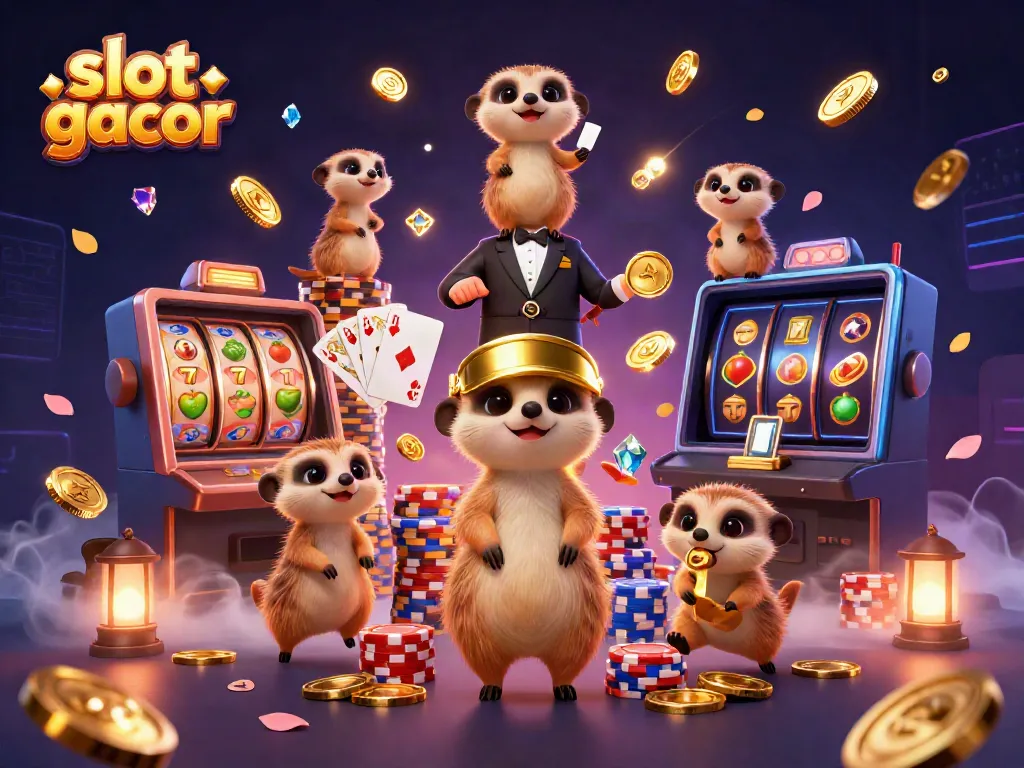 Engaging meerkats operating a vibrant casino scene with slot gacor themes and dynamic game elements.