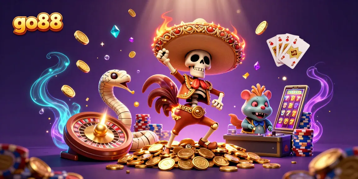 Engaging go88 casino scene with a dancing mariachi rooster, a mummy snake, and a DJ hamster amidst vibrant gaming elements.