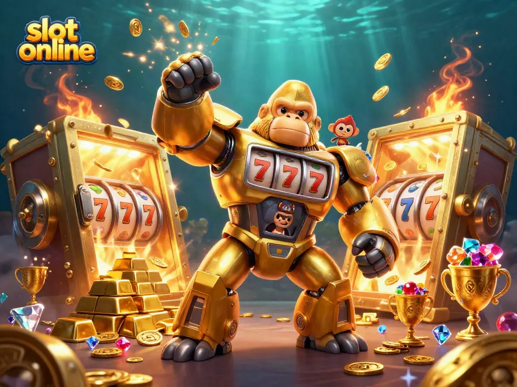 Enjoy thrilling action with slot online as the golden gorilla mech smashes coins while revealing treasures in this dynamic scene.