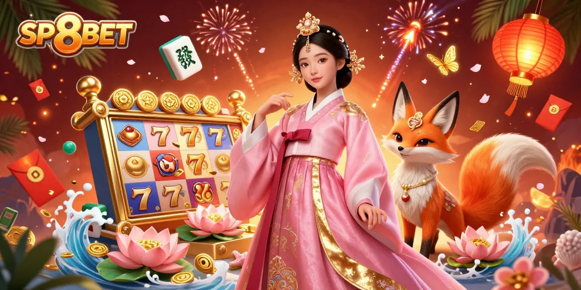 Experience the excitement with SP8BET’s dynamic online casino scene filled with colorful slot reels and lucky symbols.