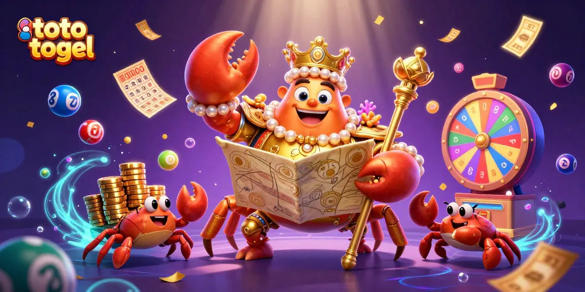 Engage in exciting toto togel with vibrant lottery elements and a golden emperor crab in a casino scene.