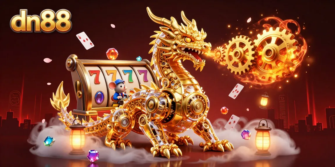 Experience thrilling gaming action with dn88, featuring a golden dragon and slot game elements in a vibrant 3D scene.