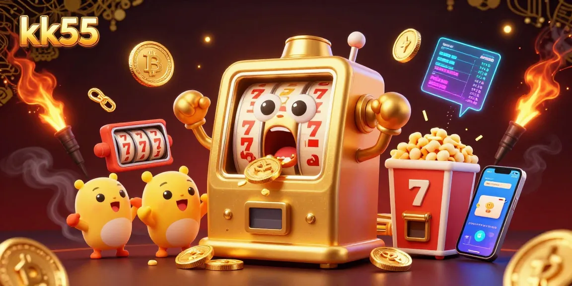 Engage in the kk55 jackpot excitement as a lively golden slot machine celebrates its big win surrounded by cheerful mini slot machines.